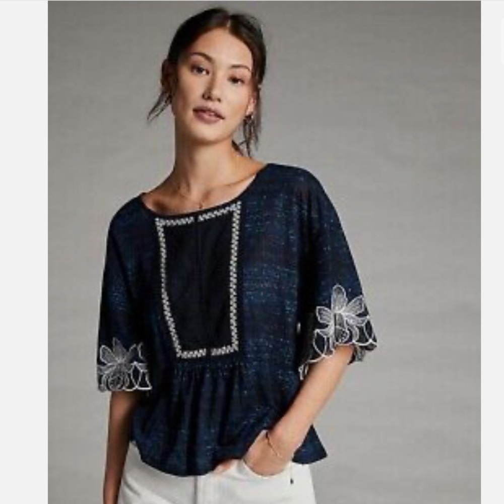 Pilcro and Letterpress Anthropologie Navy Blue Orchid Embroidered Top